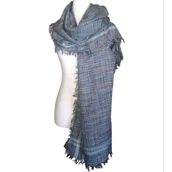 Steve Madden Teal Gray Colorful Fringe Trim Loose Knit Blanket Scarf - Picture 4 of 7